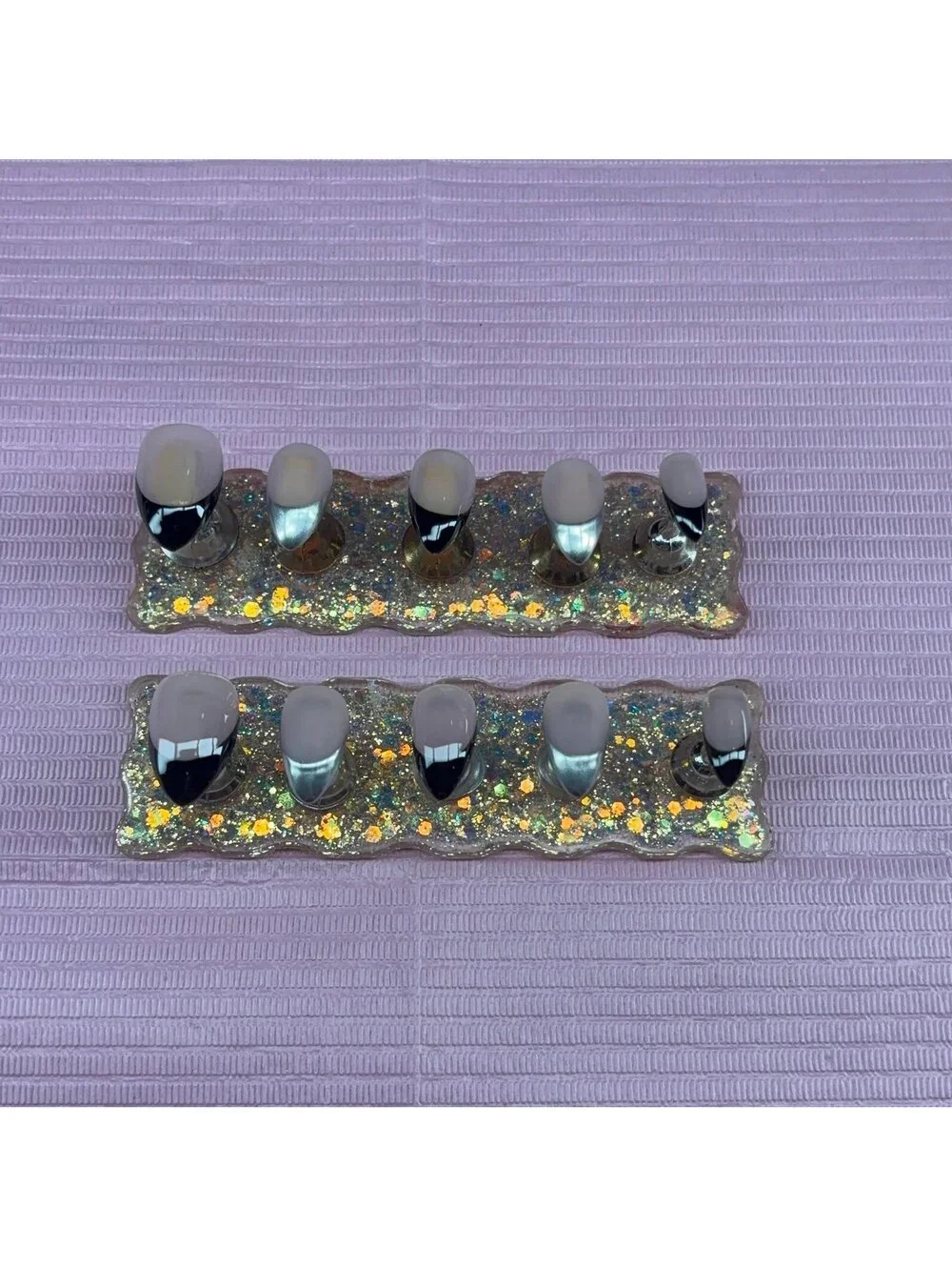 Extra short stiletto Press on nails black French tips nude silver chrome